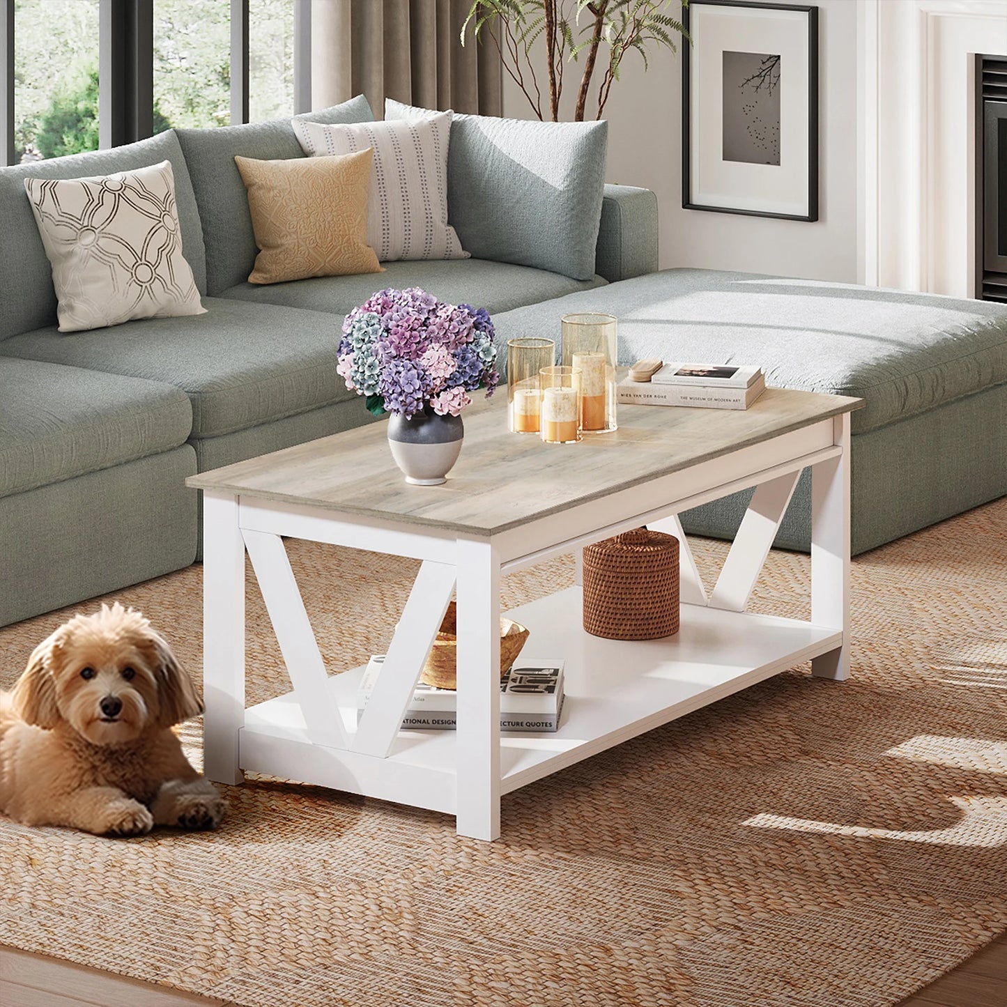 GALAXHER V Shaped Farmhouse Coffee Table With Storage Shelf