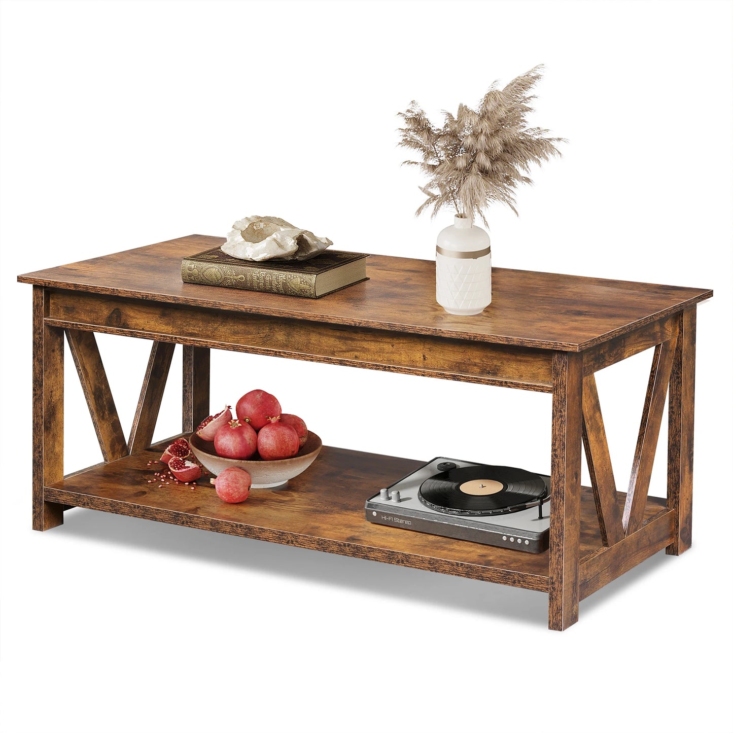 GALAXHER V Shaped Farmhouse Coffee Table With Storage Shelf