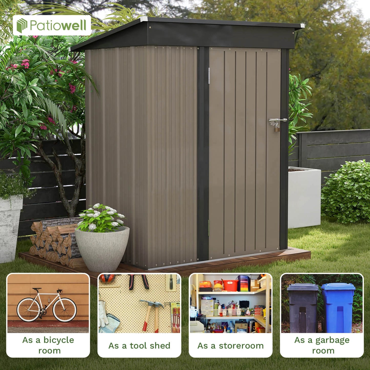 Victone Outdoor Metal Storage Shed With Lockable Sloping Roof