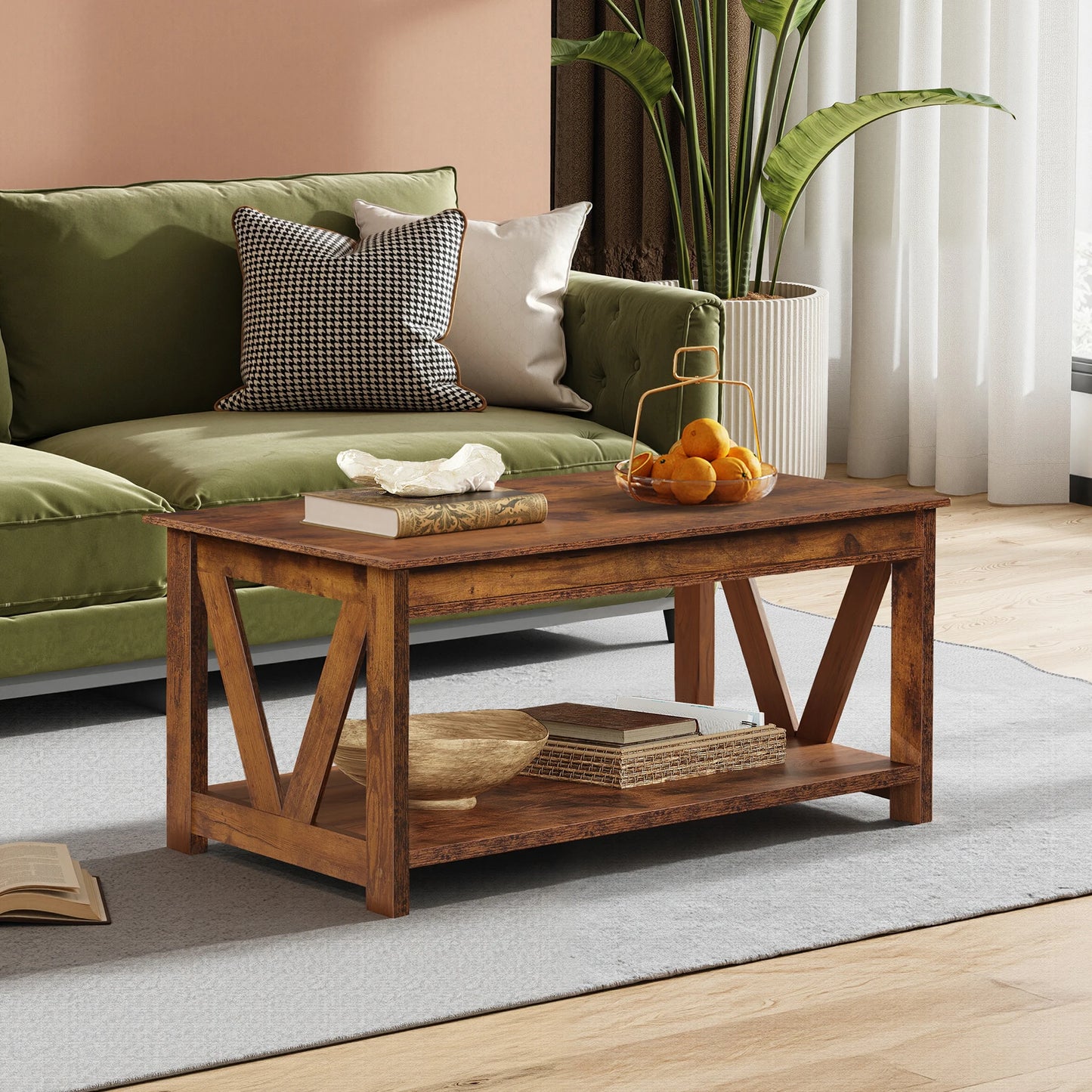GALAXHER V Shaped Farmhouse Coffee Table With Storage Shelf