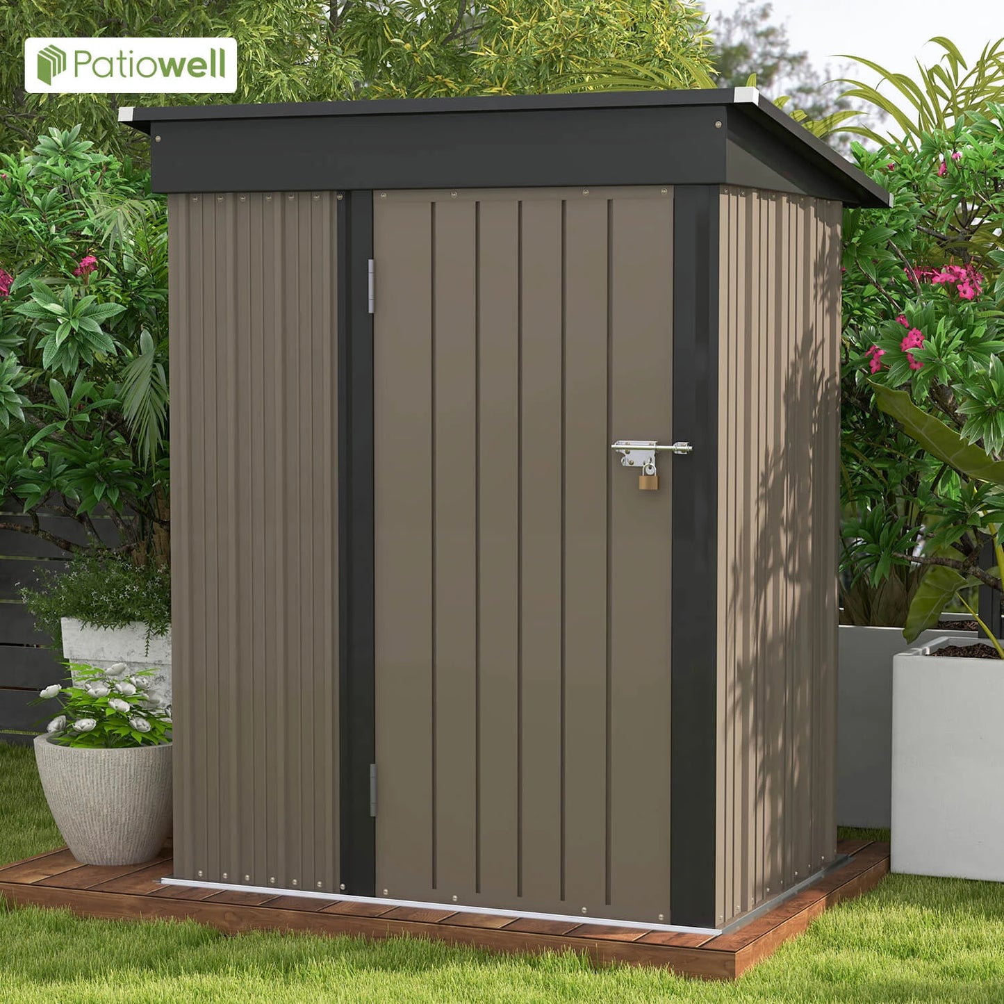 Victone Outdoor Metal Storage Shed With Lockable Sloping Roof