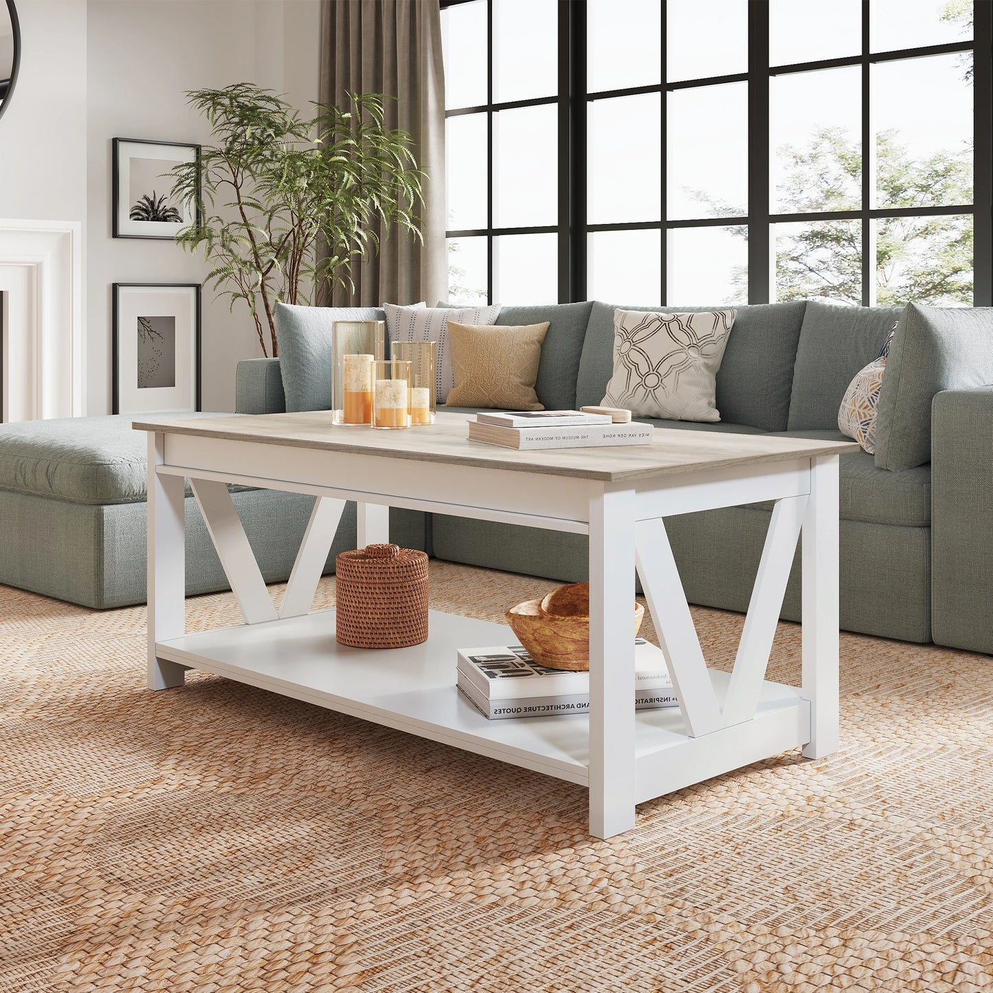 GALAXHER V Shaped Farmhouse Coffee Table With Storage Shelf