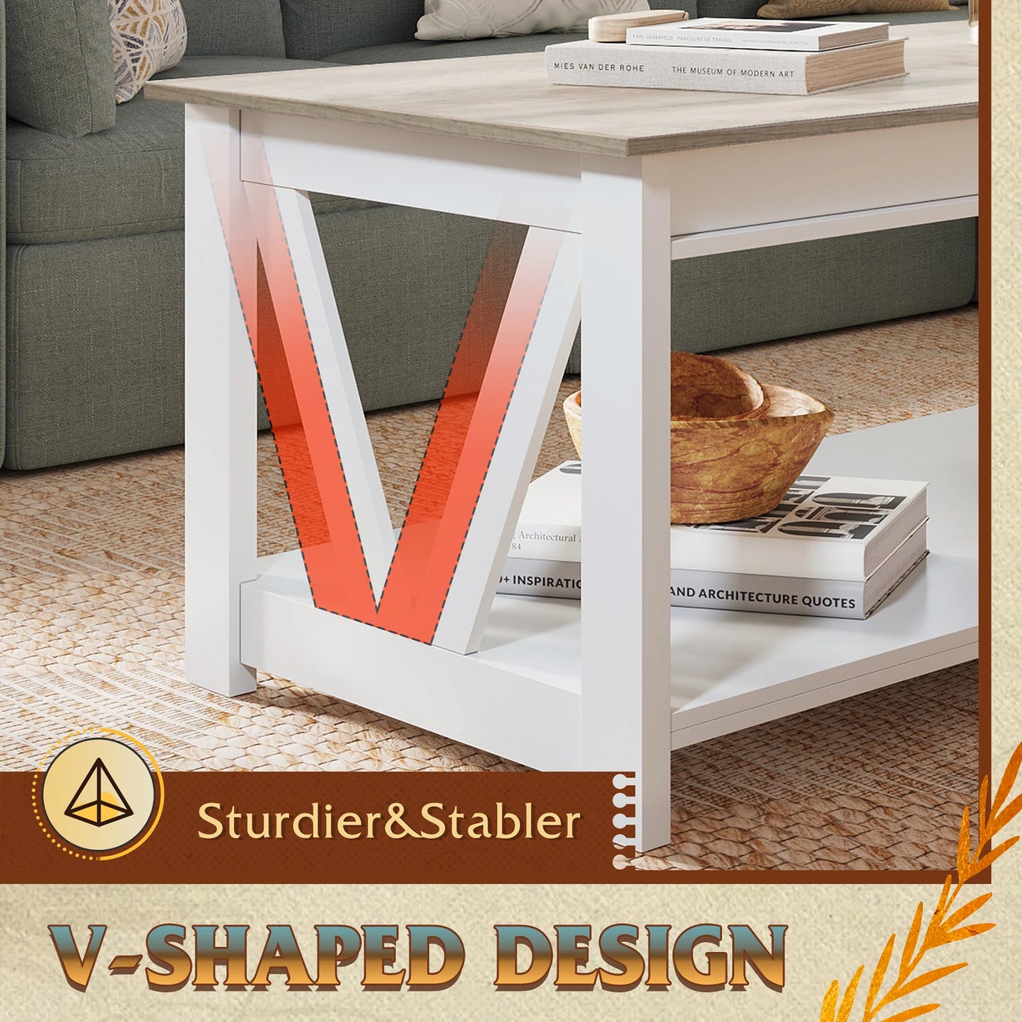 GALAXHER V Shaped Farmhouse Coffee Table With Storage Shelf