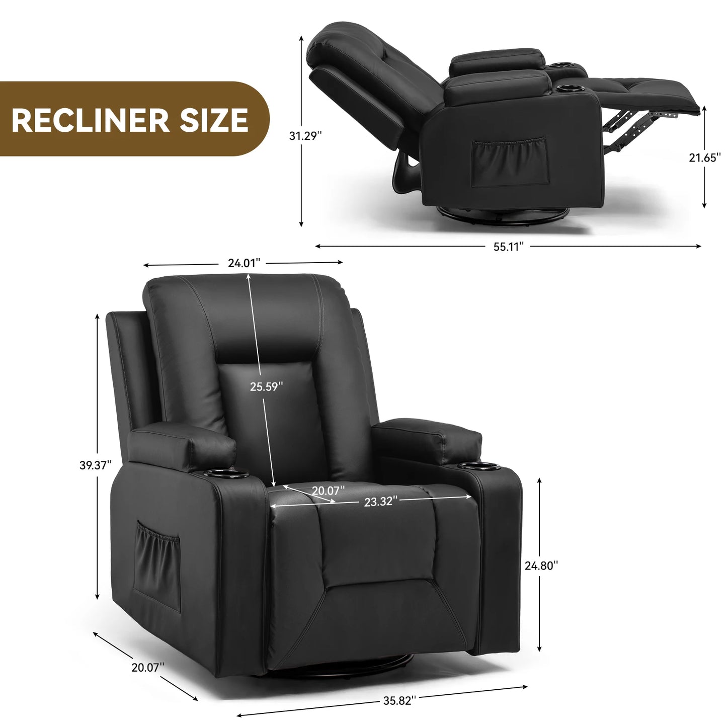 COMHOMA Recliner Chair With Swivel Rocker Cup Holders And Pockets For Living Room