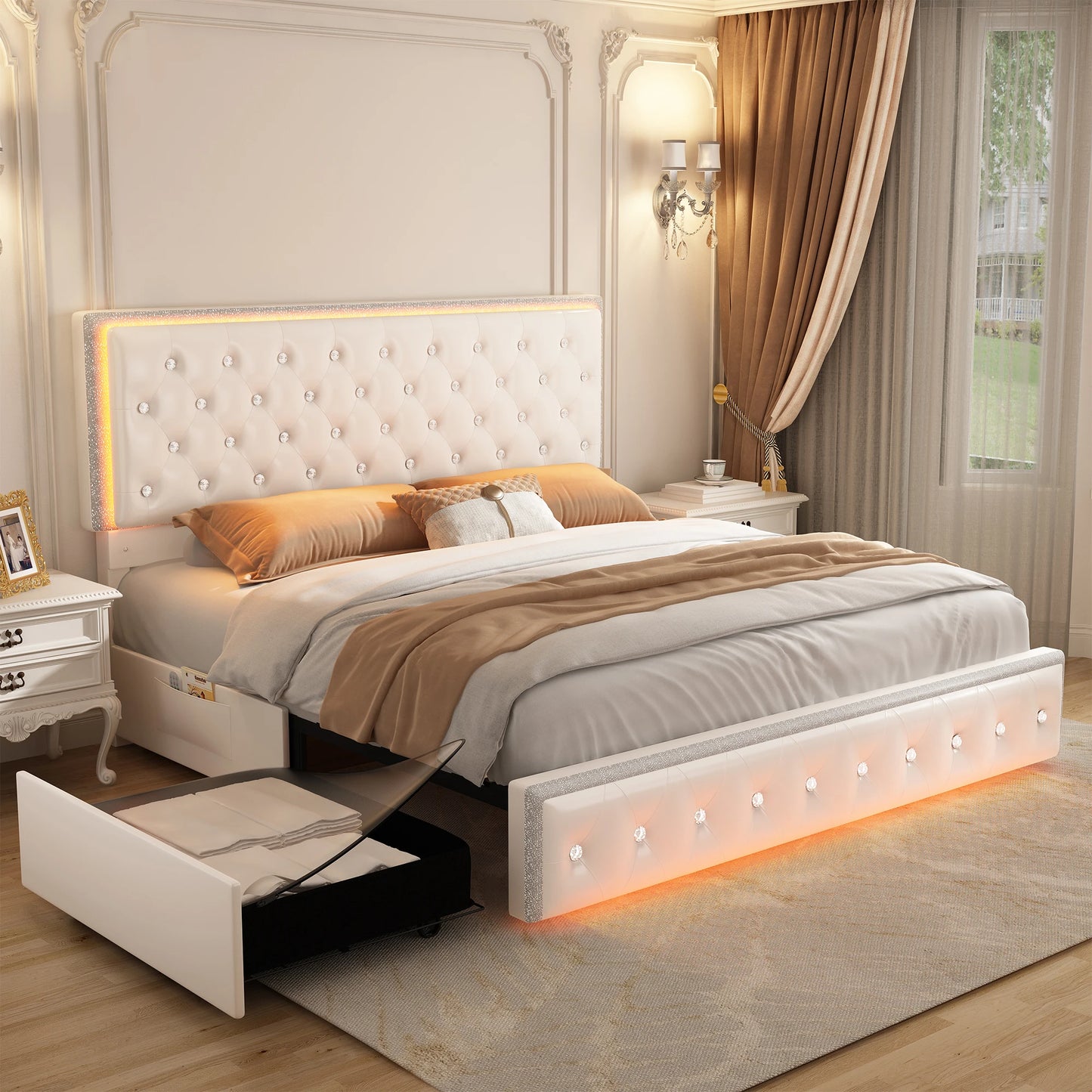 Led PU Bed Frame With 2 Drawers And Tufted Headboard