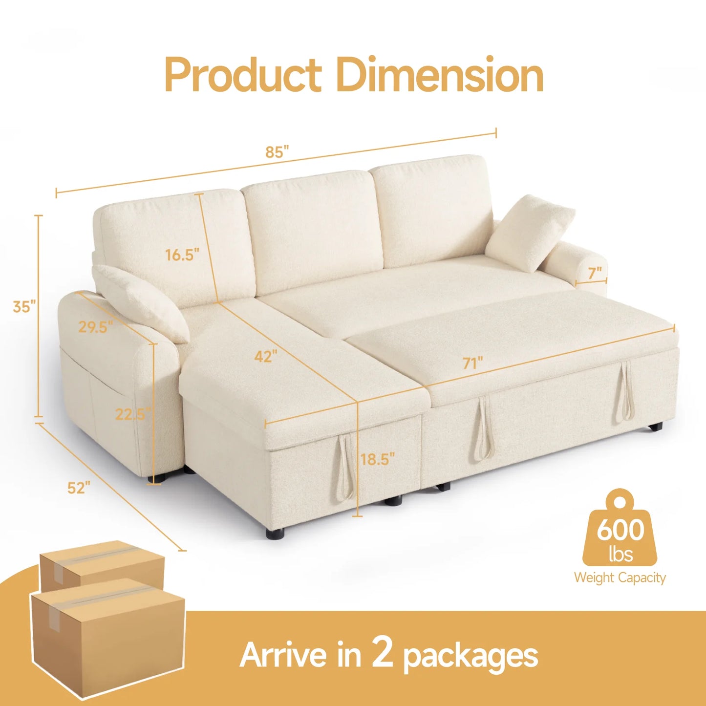 ONBRILLCN L Shaped Sleeper Sofa With Storage Chaise Built In Sleep Surface And Plush Comfort