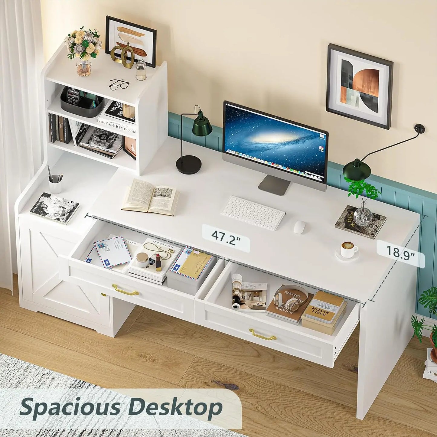 L Shape Bamboo Computer Desk With Drawers And Bookshelves
