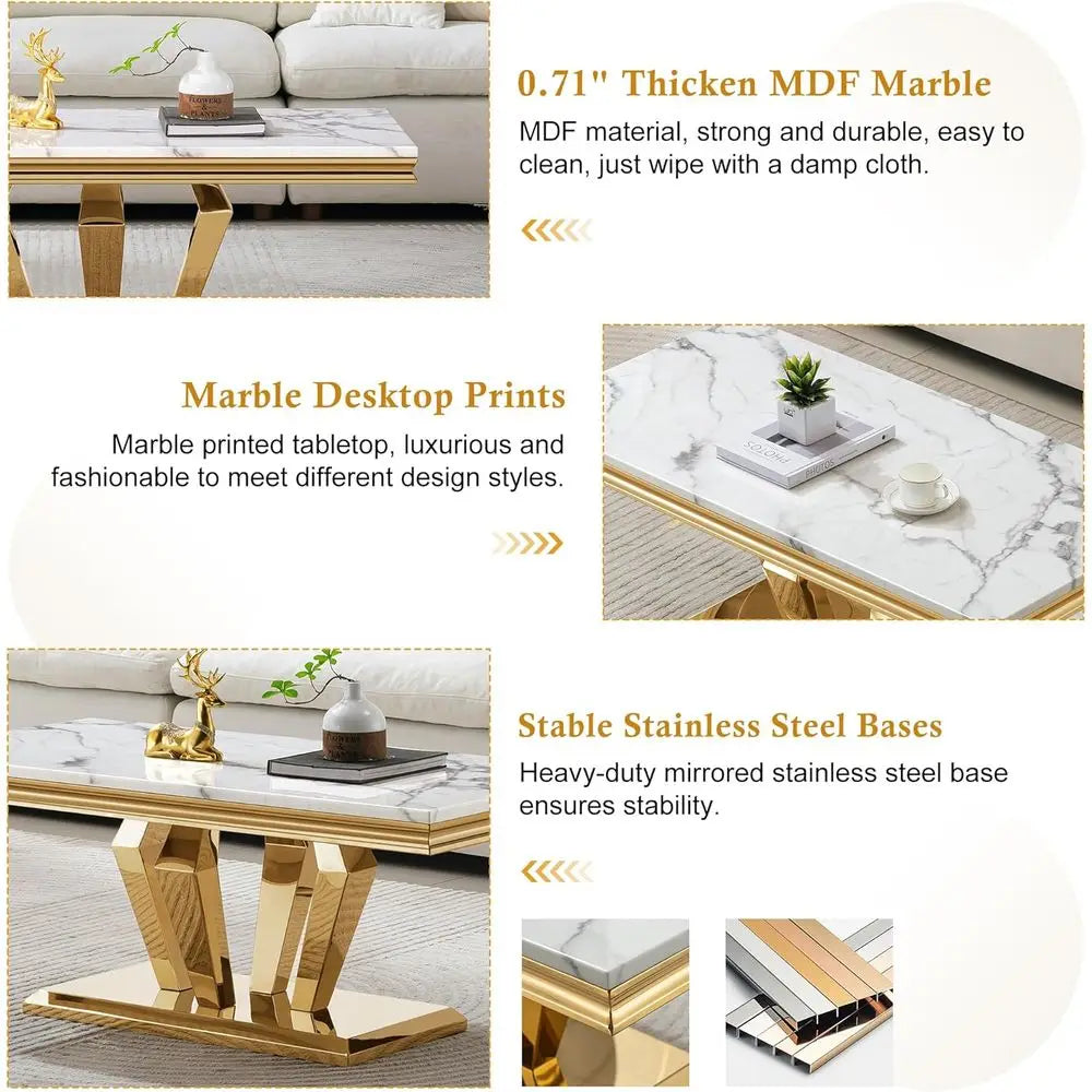 Marble Top Cocktail Table With Diamond Shaped Stainless Steel Base