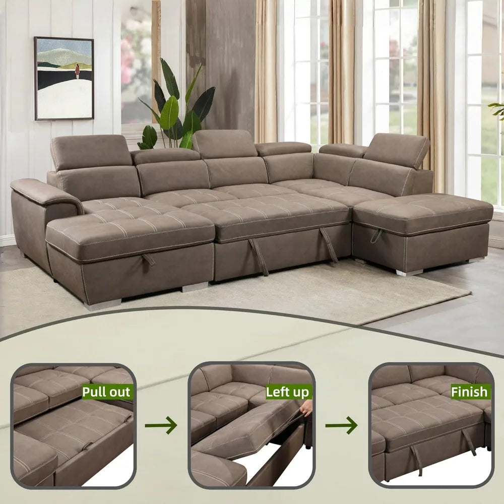 Oversized Microfiber U Shaped Sectional Sofa With Pullout Bed