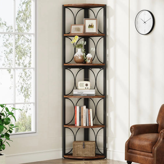Tribesigns Six Tier Rustic Corner Shelf Bookcase for Small Spaces