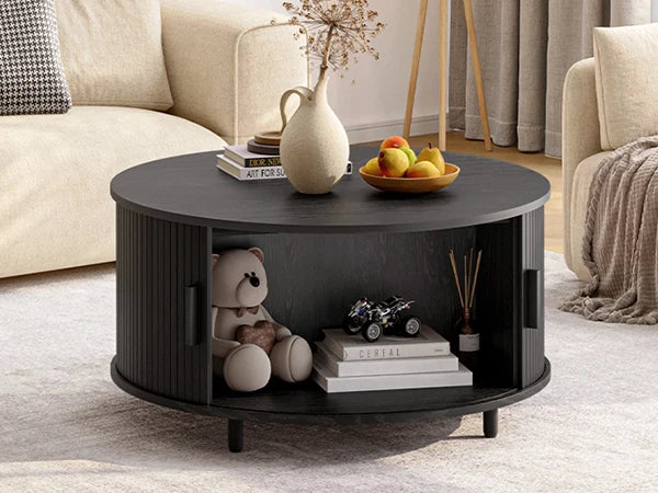 Round Coffee Table With Storage Fluted Wood Accent