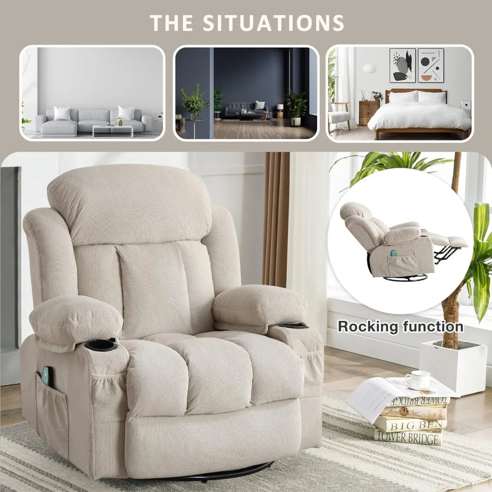 XIAOLANG Oversized Recliner Chair With 360 Swivel Massage Heat USB Cup Holders