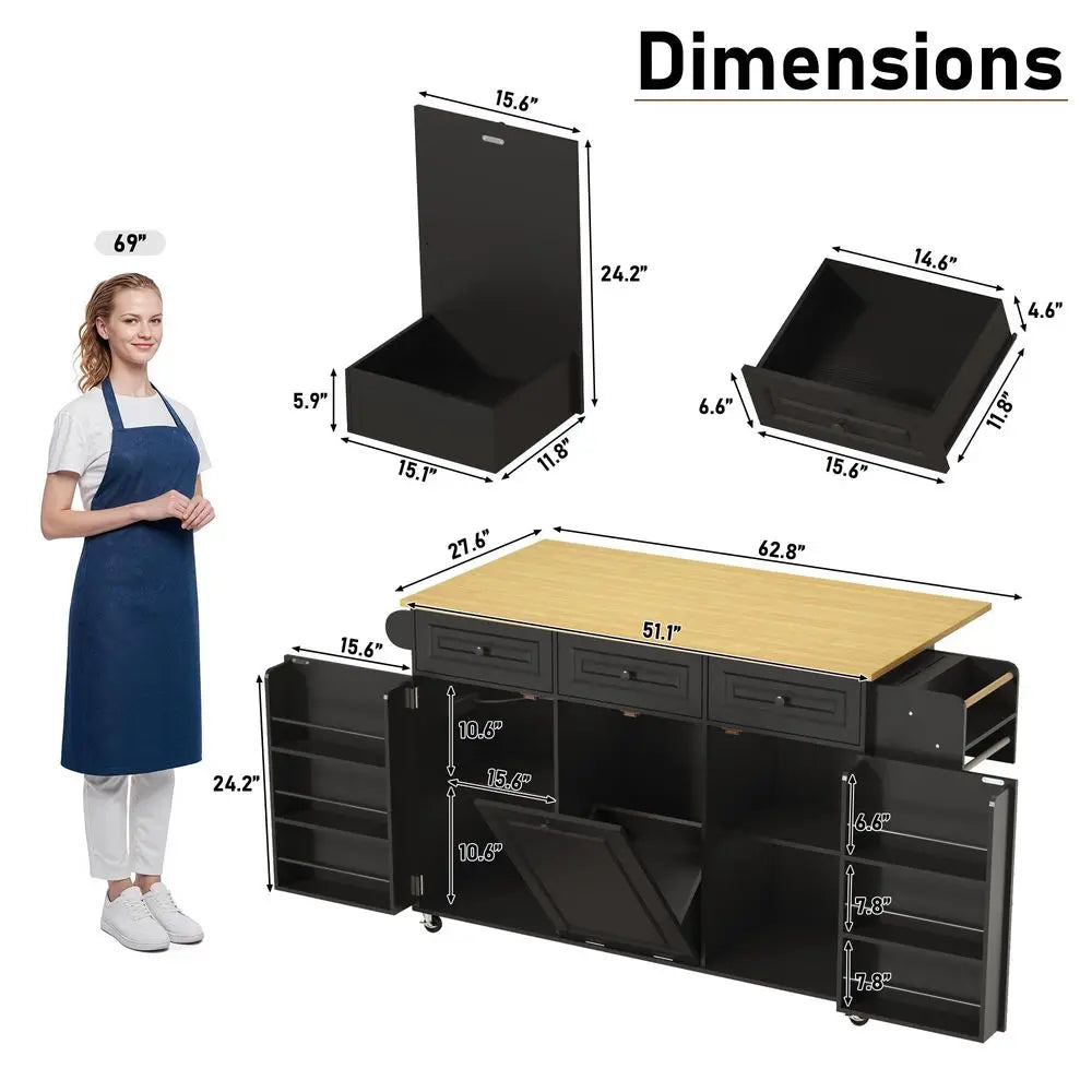 Rolling Kitchen Island With Power Outlet And Hidden Trash Cabinet