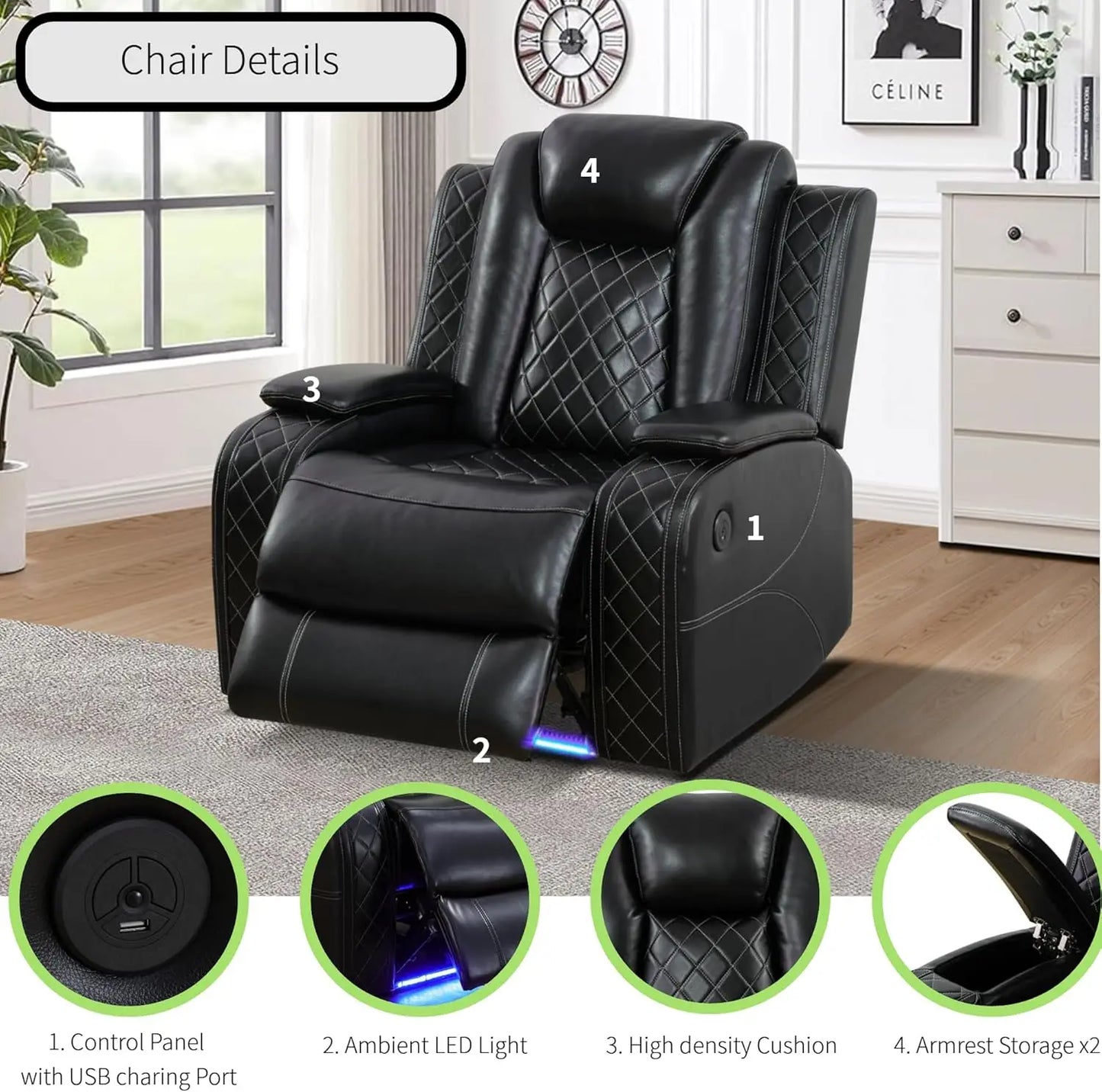 Power Recliner Sofa Sectional With LED Light Air Leather