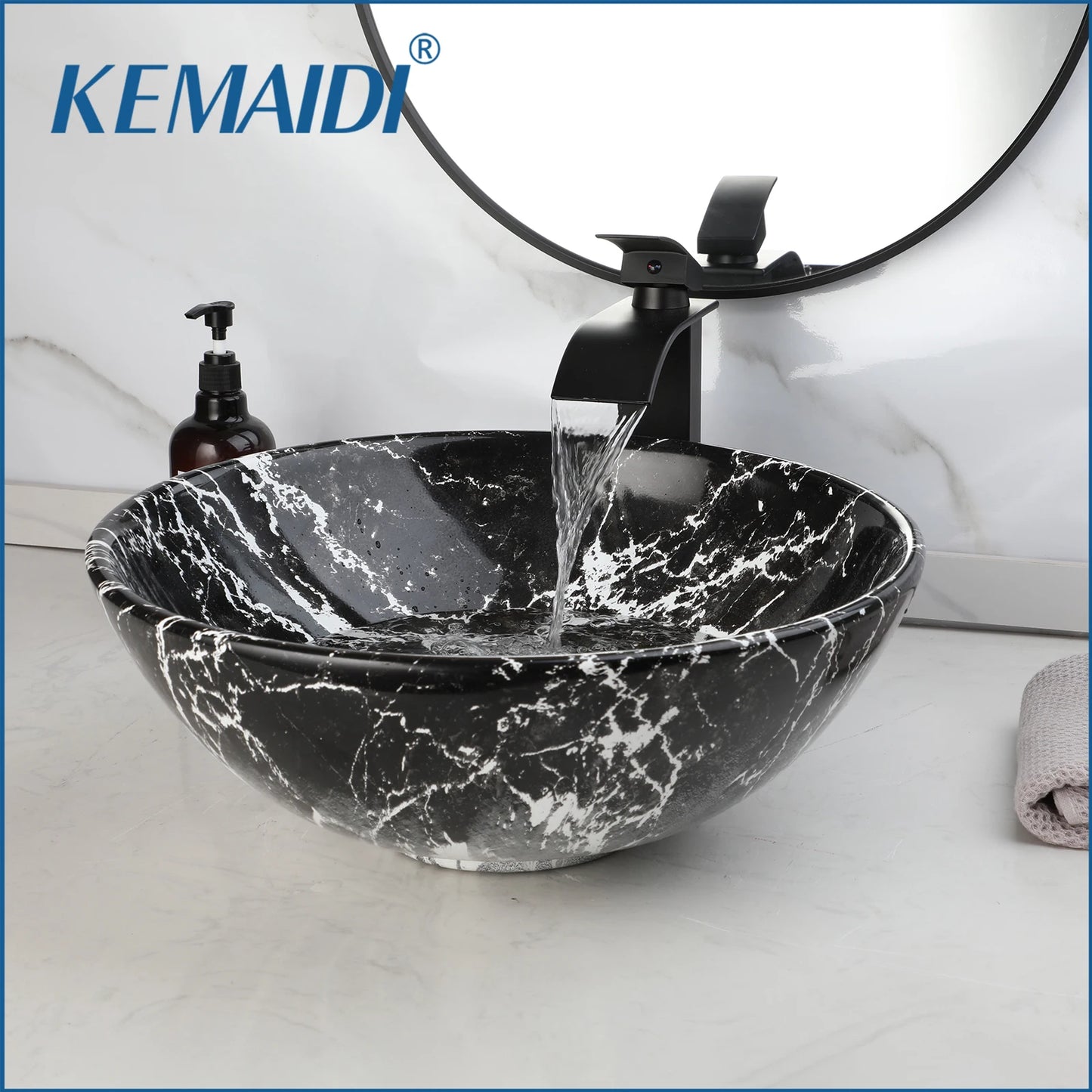 KEMAIDI Marble Ceramic Vessel Sink With Faucet Above Counter Oval Modern European Style Bathroom Vanity