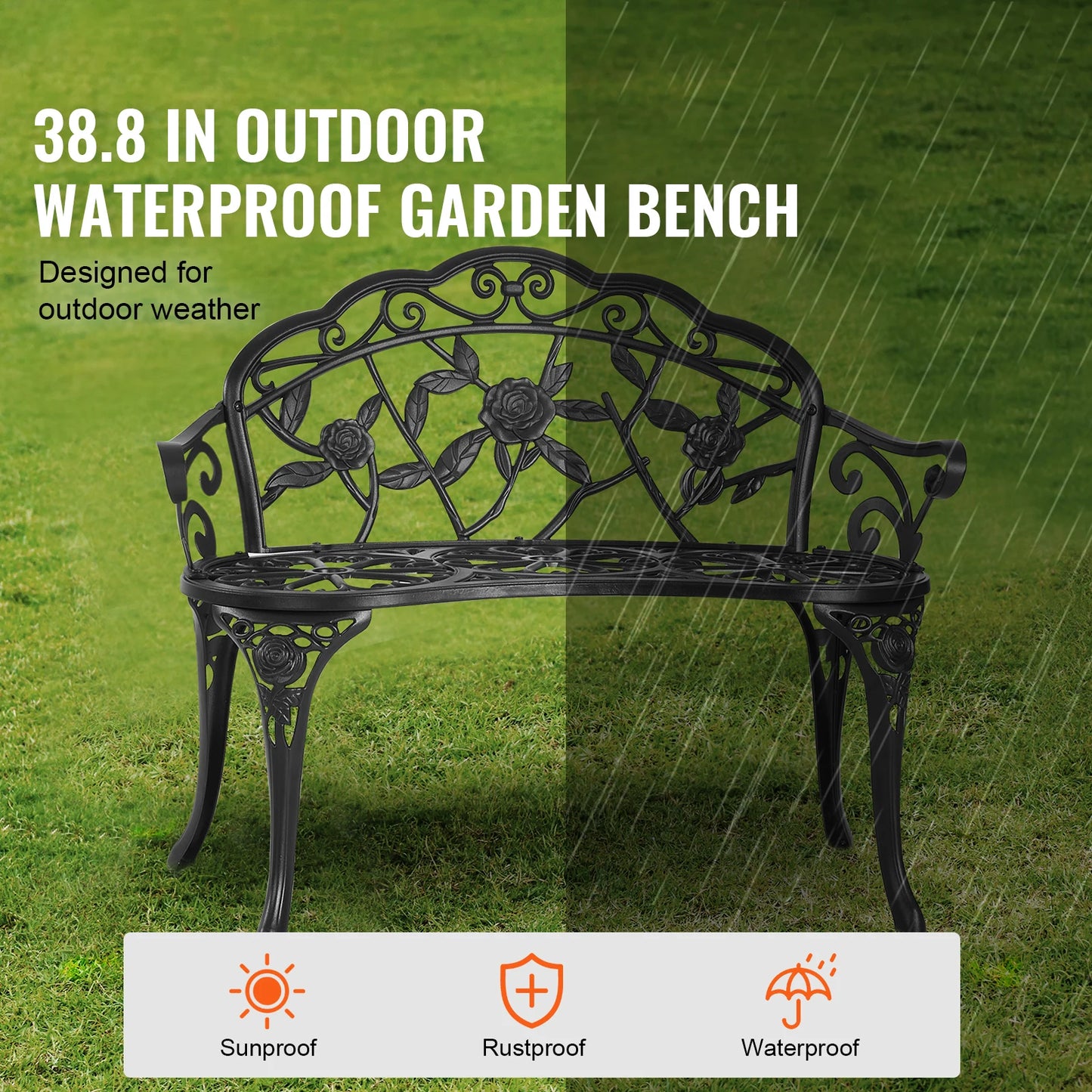 SucceBuy Wooden Outdoor Garden Bench With Metal Frame