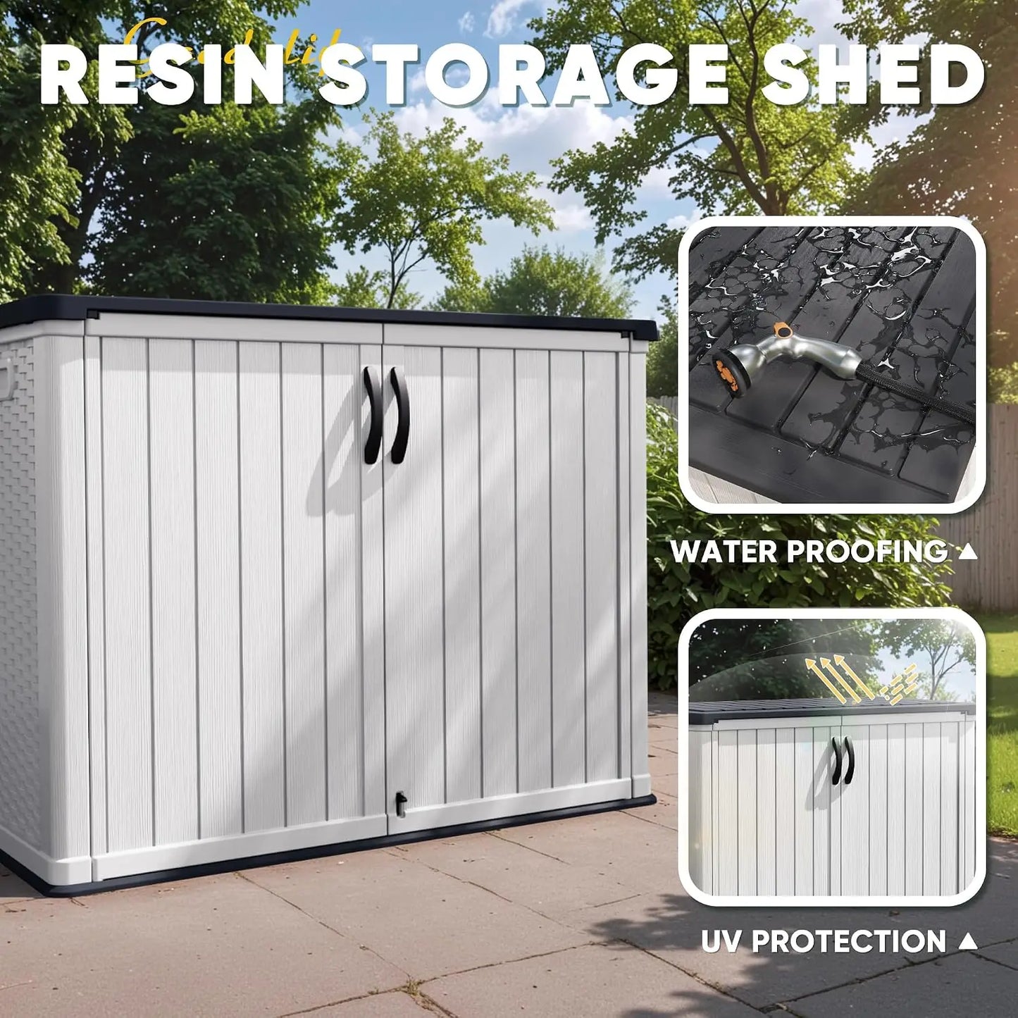Horizontal Waterproof Outdoor Storage Shed With Lockable Patio Doors