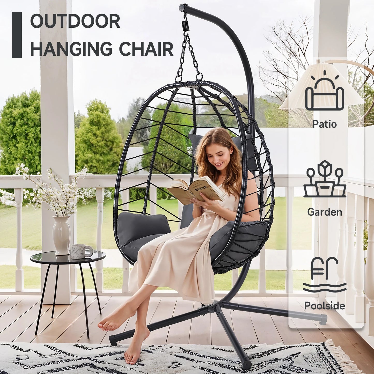 Egg Chair With Cushion Outdoor Hanging Wicker Rattan Dual Chains