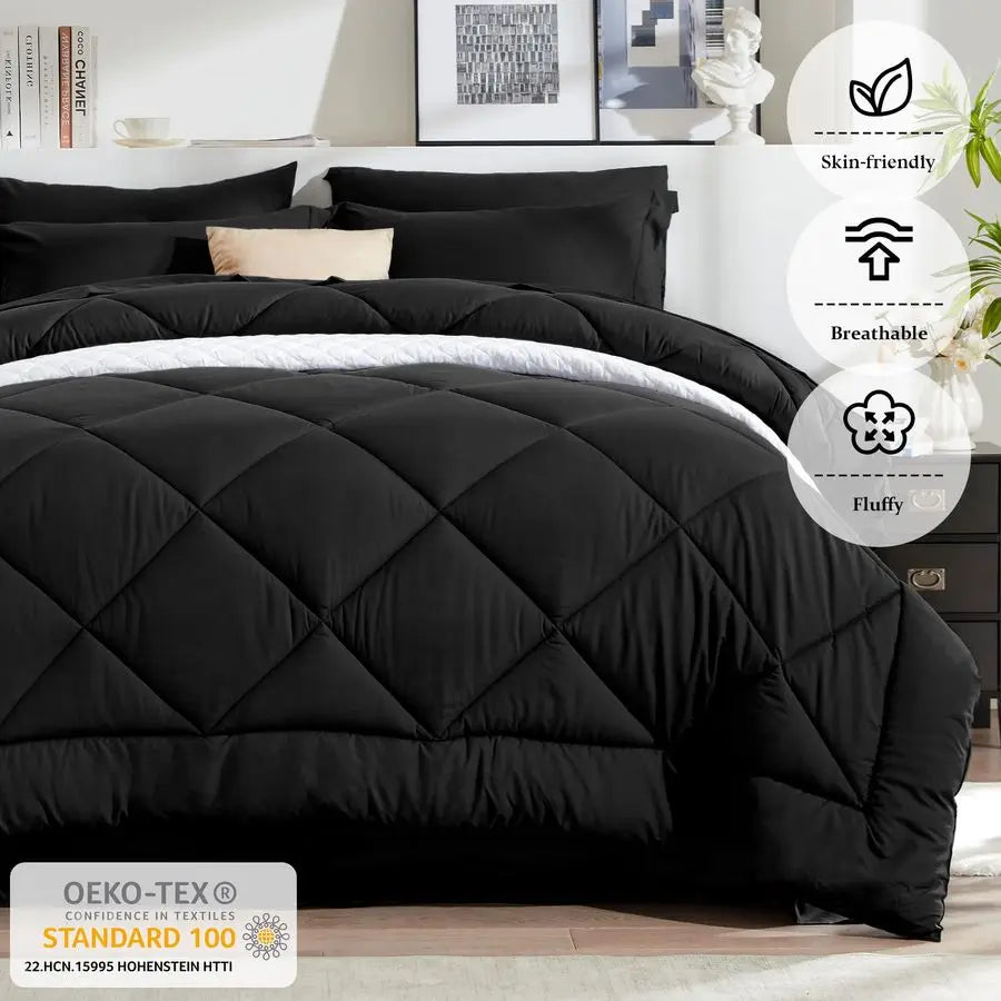 Queen Comforter Set Black Bed in a Bag Queen Size 8 Pieces, All Season Bed Set, Fluffy Comforter Set with Sheets, Sheet Set Quil