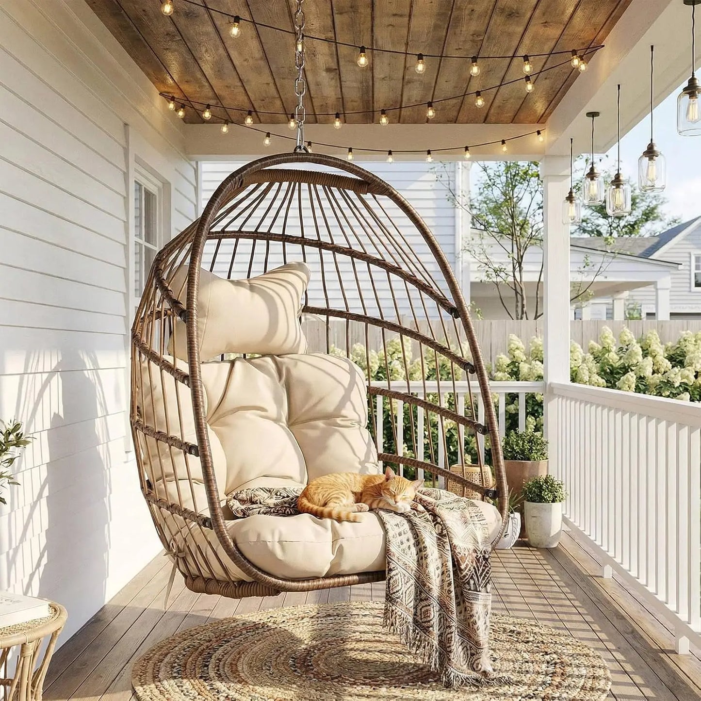 Outdoor Hanging Egg Chair Wicker Swing With Cushioned Seat