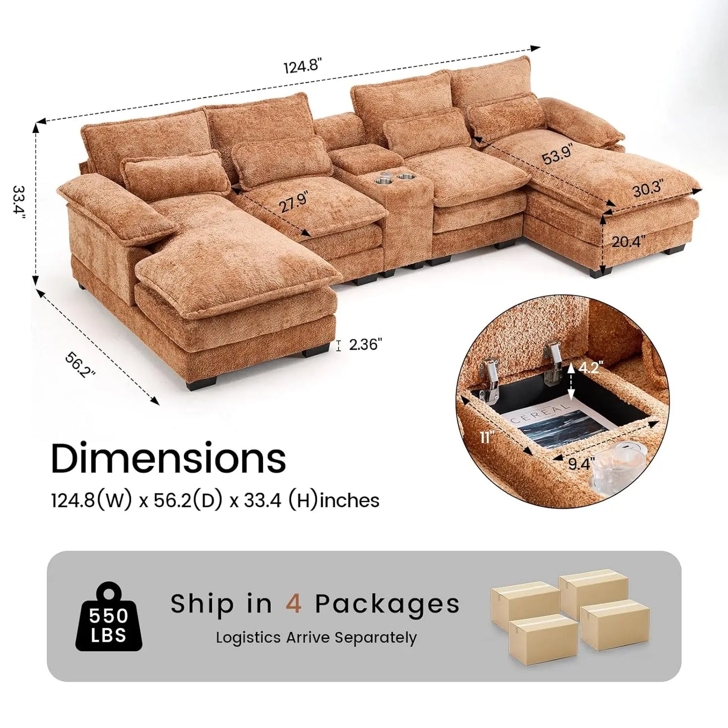 U Shaped Cloud Modular Sofa With Chaise Lounges