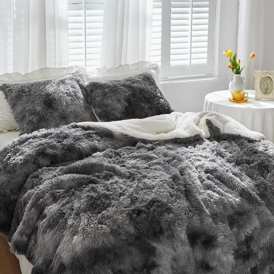 Faux Fur Shaggy Comforter Set Full Queen Size, Plush amp Sherpa Reversible Comforter Tie Dye Black, 3 Pieces Fluffy Fuzzy Beddin