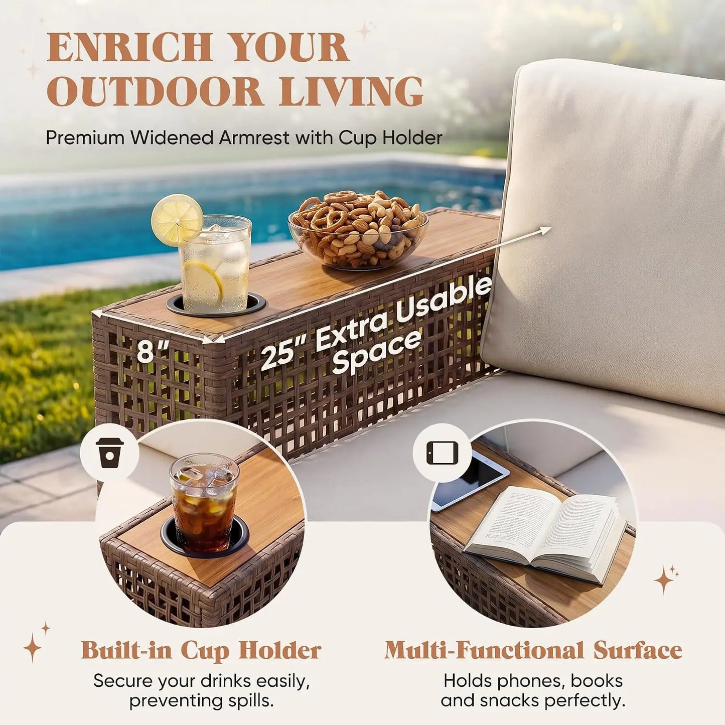 Outdoor Sectional Sofa Set PE Wicker Patio Furniture With Cup Holder