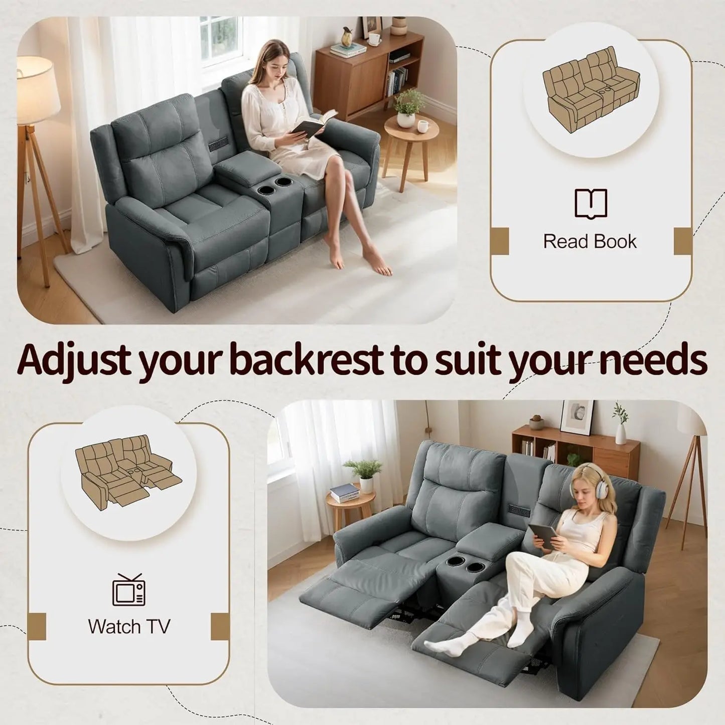 Reclining Loveseat With Console USB Port And Cup Holders 2 Seater Living Room