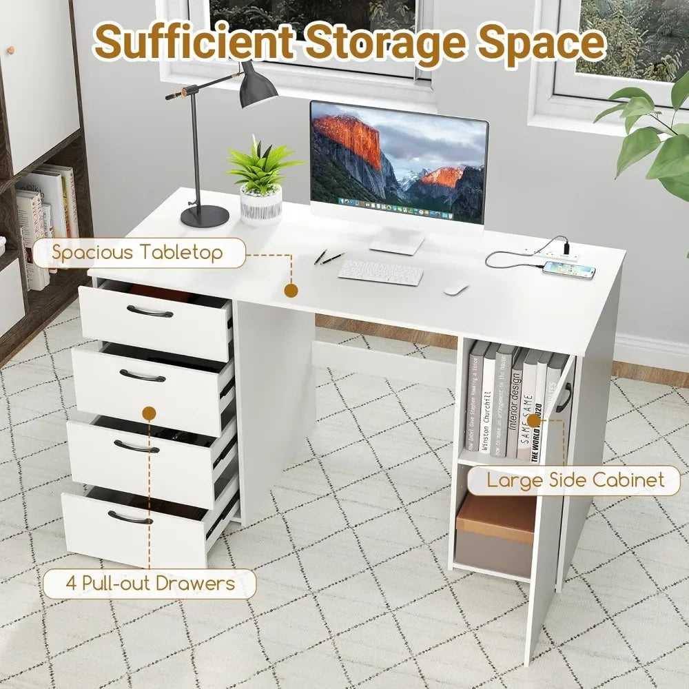 L Shaped Computer Desk With USB Outlet And Built In Storage Drawers For Home Office