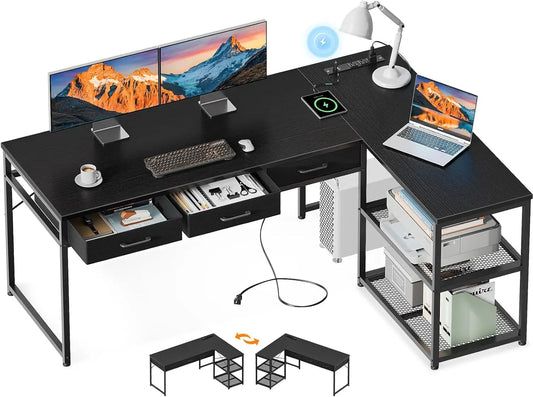 L Shaped Computer Desk With Drawers And Power Outlets