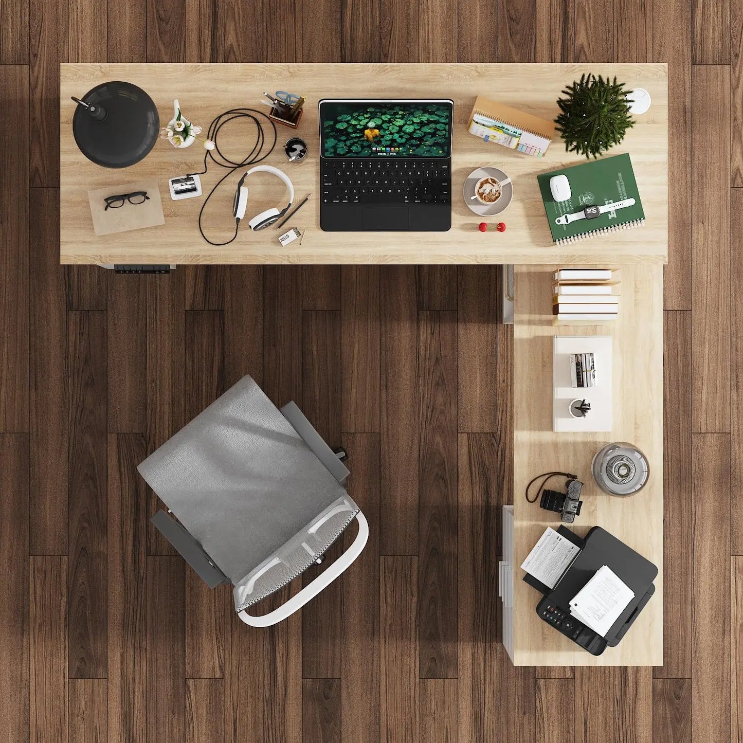 NONEDesk L Shaped Standing Desk With Drawers And Shelves