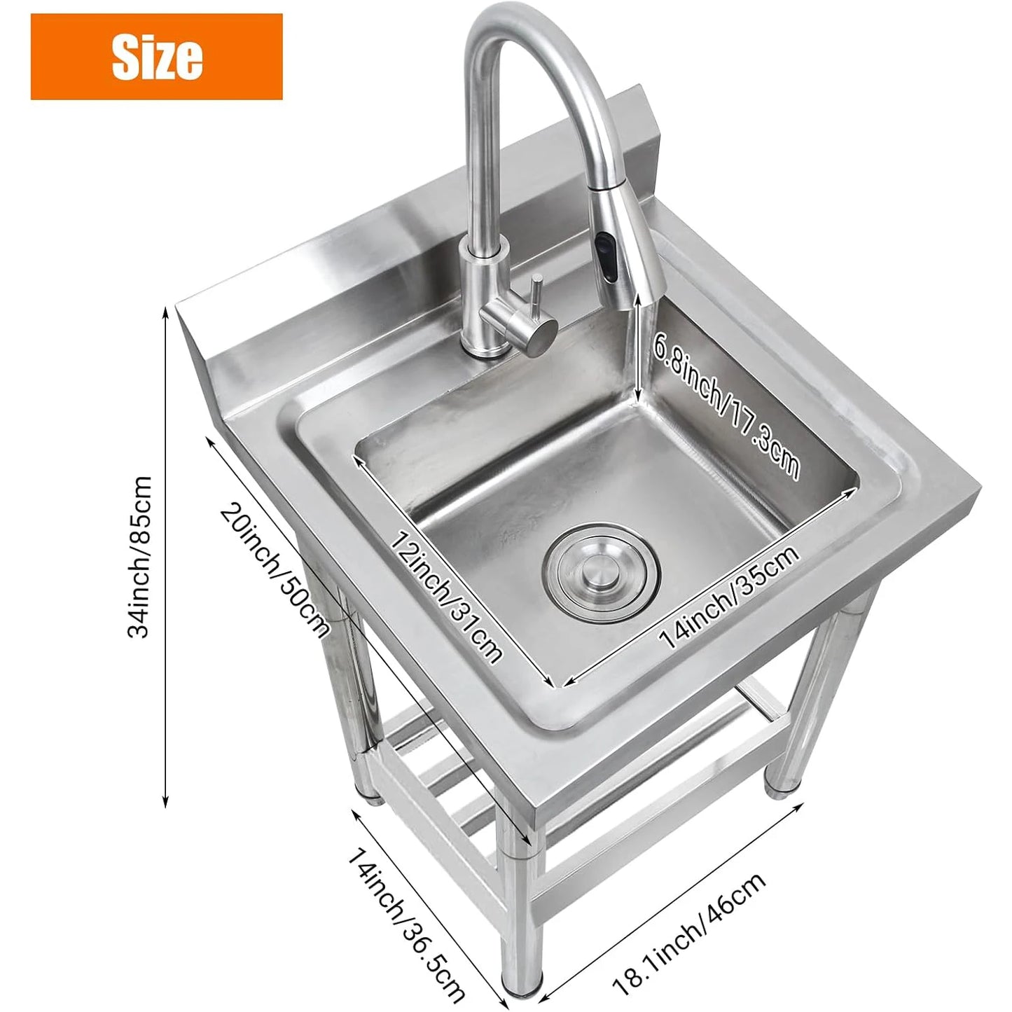 Stainless Steel Kitchen Utility Sink 20" x 20" x 34" Freestanding Single Bowl Sink with Cold and Hot Water Pipe,for Laundry Room