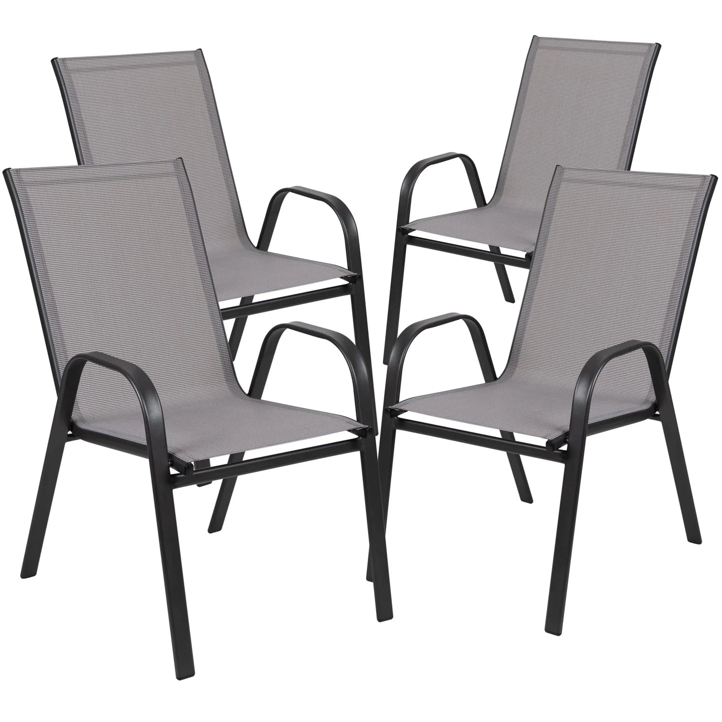 4 Metal Outdoor Chair Set Stackable Patio Textilene Dining Chair Stack Metal Frame Set of 4, Load Weight 150kg, Black,Brown,Gray