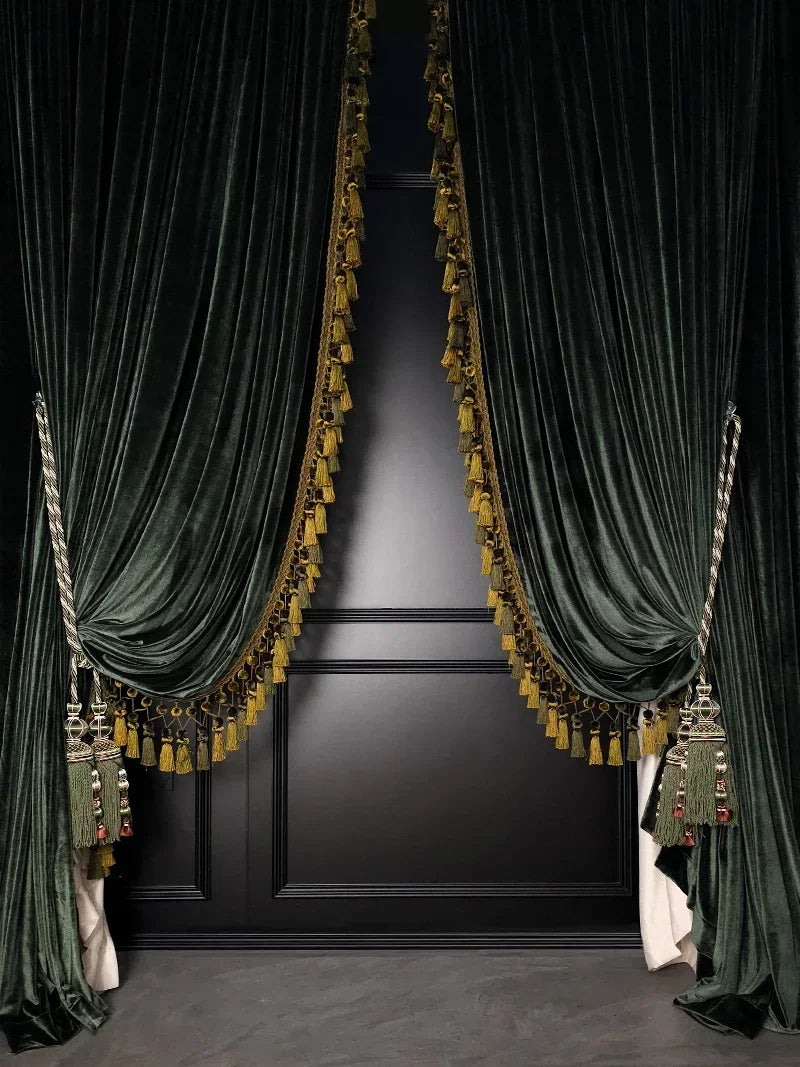Luxury Retro Dark Green Velvet Tassels Thickened Blackout Curtains for Living Room Bedroom French Window Villa Customization