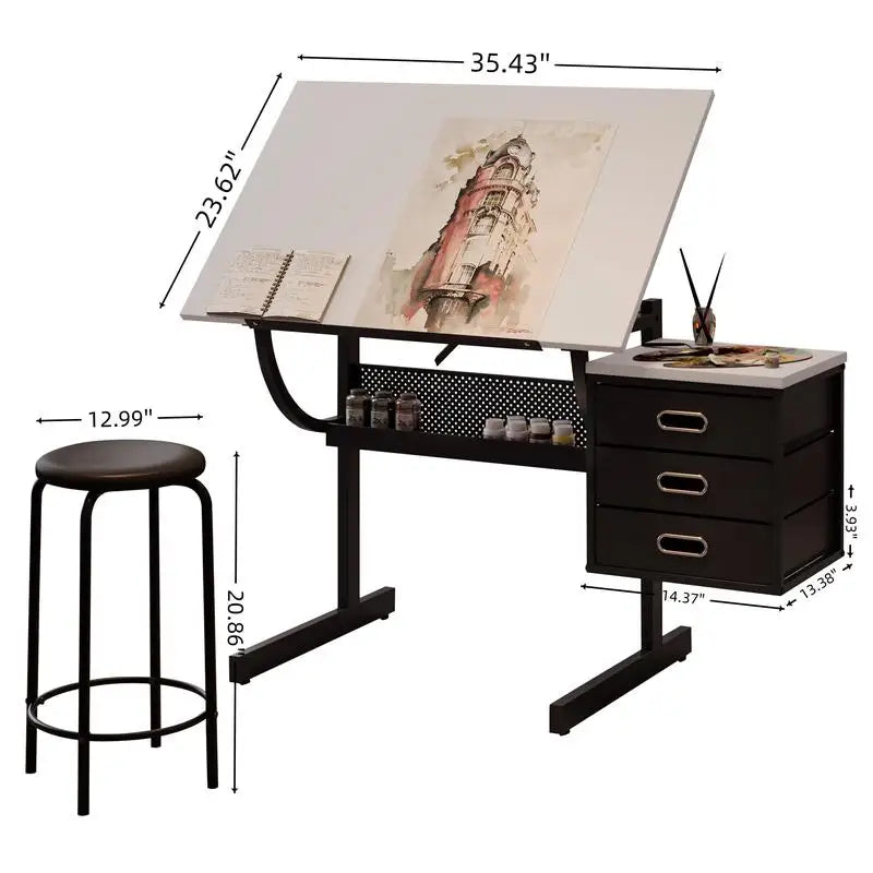 Adjustable Drafting Table With Stool And 3 Drawers