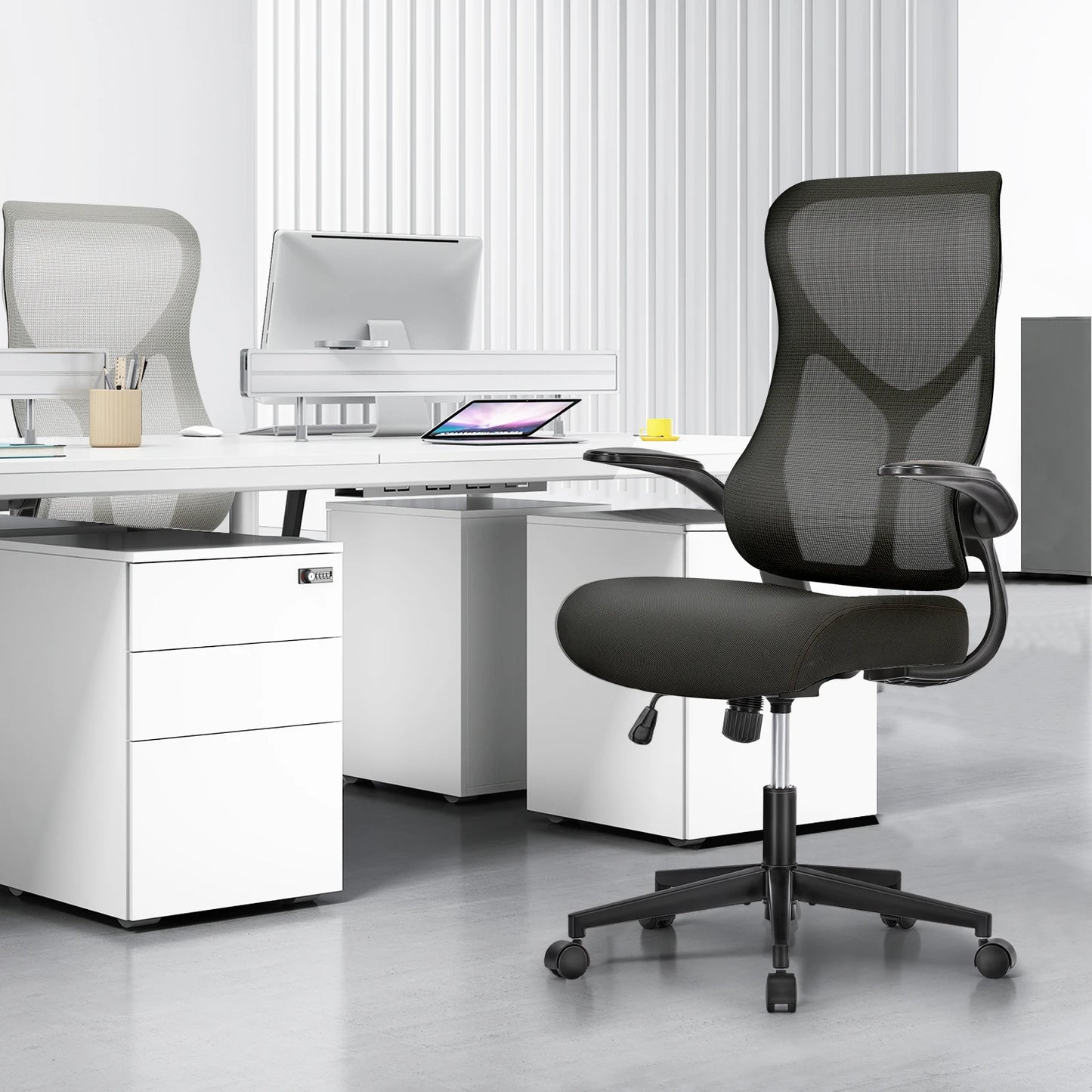 JHK Mesh Lumbar Ergonomic Office Chair With Flip Up Arms And Adjustable Seat Height