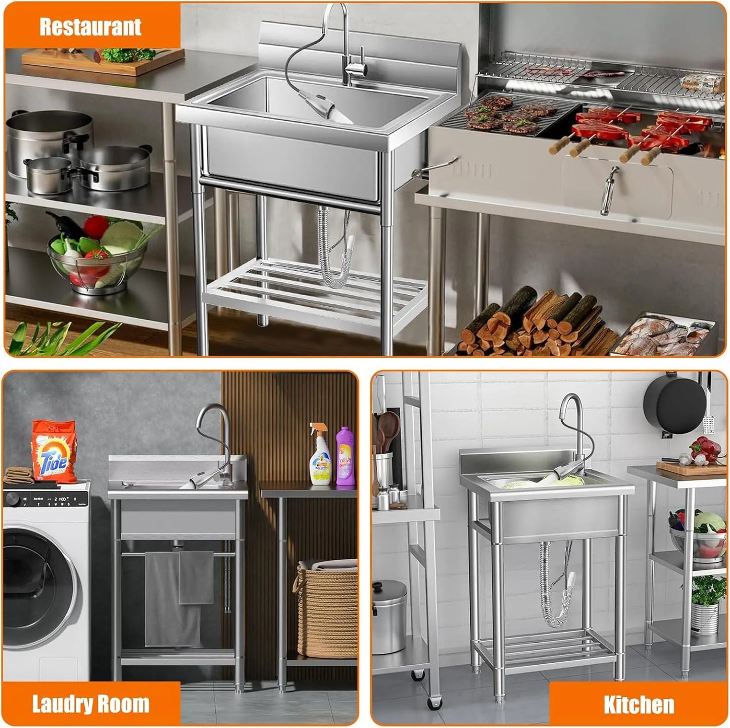 Stainless Steel Kitchen Utility Sink 20" x 20" x 34" Freestanding Single Bowl Sink with Cold and Hot Water Pipe,for Laundry Room