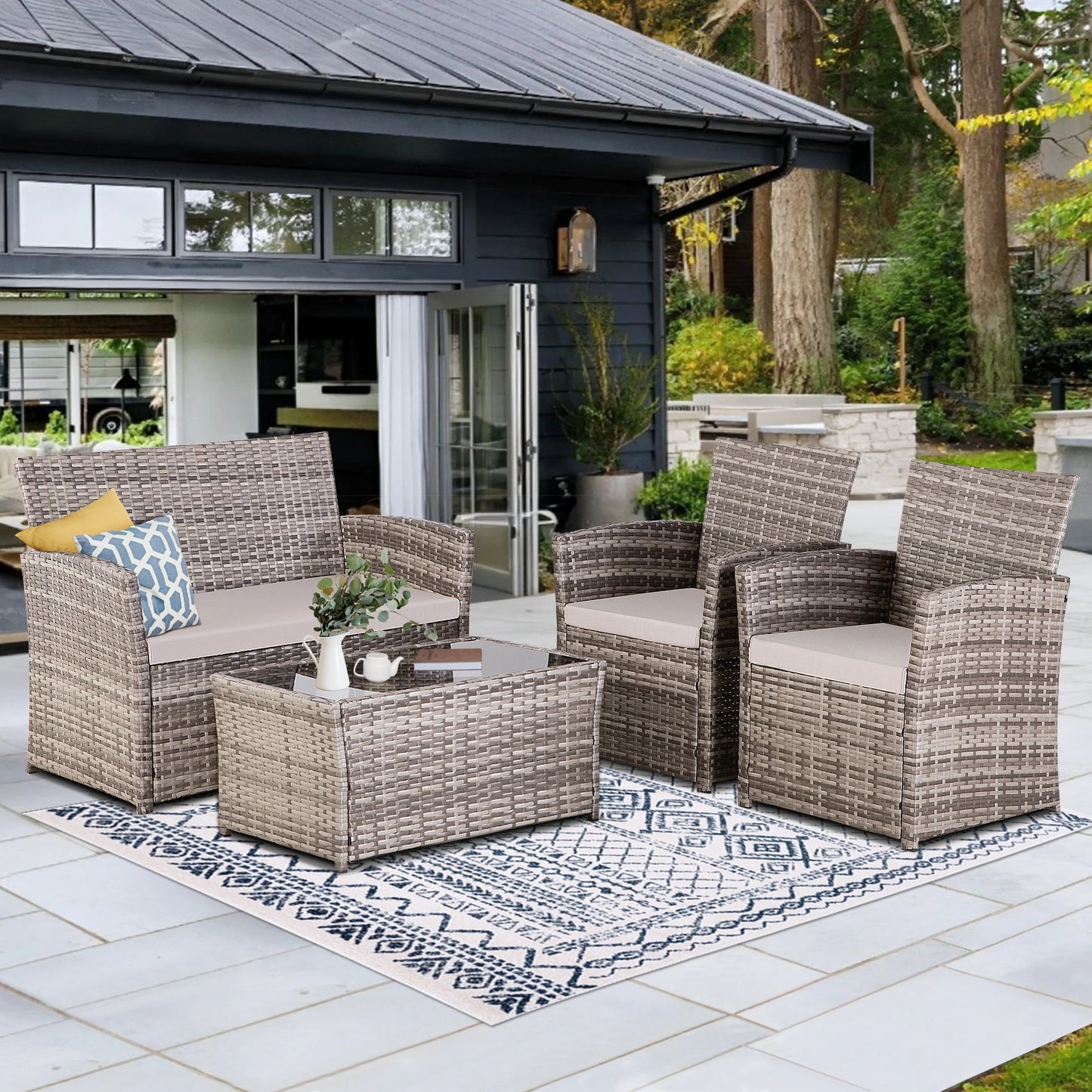 4 Piece Patio Furniture Set, Outdoor Wicker Conversation Sets, Rattan Sectional Sofa Couch with Coffee Table & Seat Cushions for