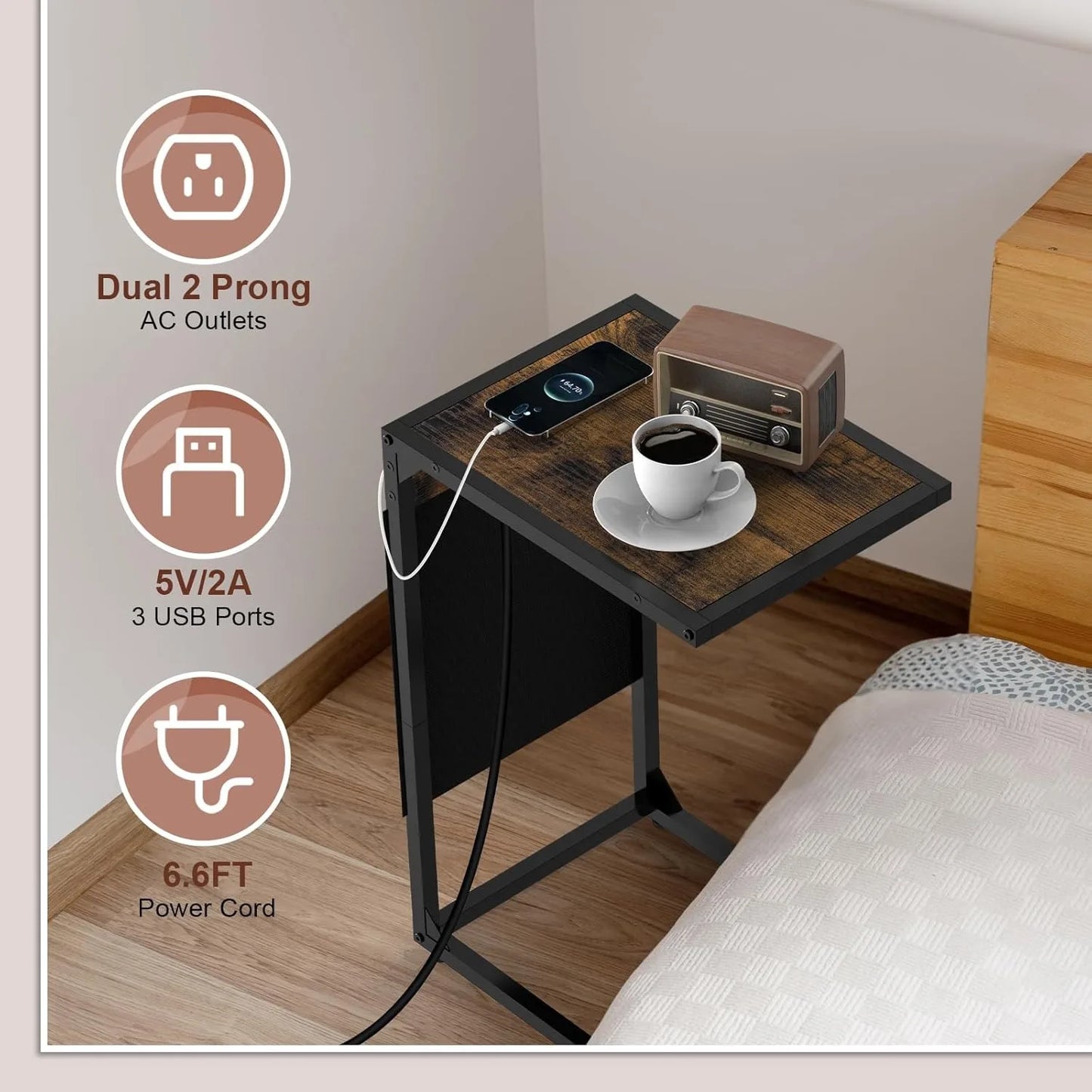 Hign Concerned C Shaped End Table With Charging Station And Storage 2 Piece Metal Frame Living Room And Bedroom