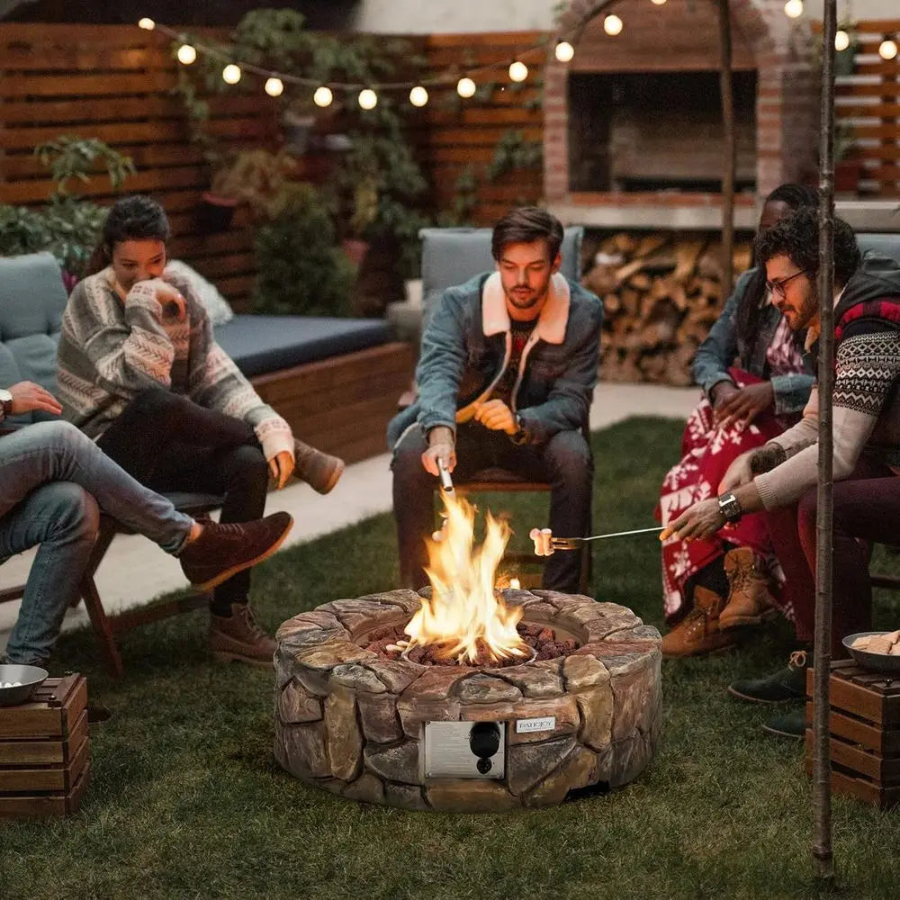 Round Propane Fire Pit 40,000 BTU Lava Rocks PVC Cover