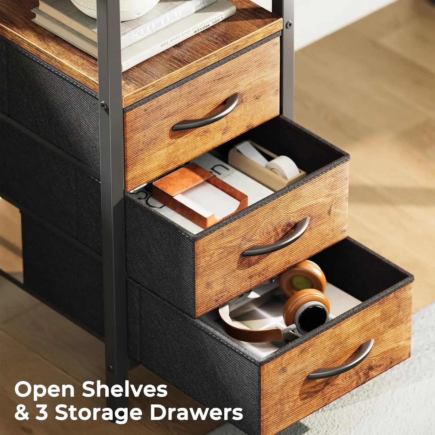 L-Shaped Office Desk With Power Outlets, 3 Drawers, Shelves