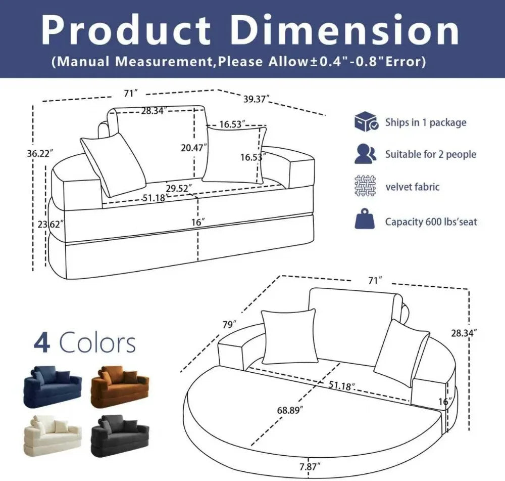 Round Floor Sofa Bed Convertible Loveseat for Living Room