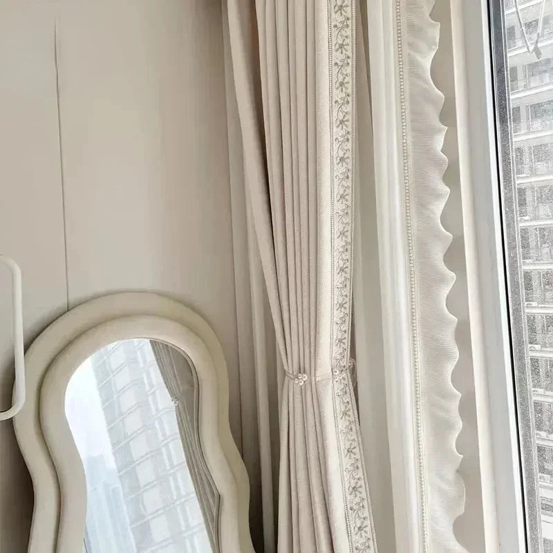 French Curtains for Living Dining Room Bedroom Cream Cured Embossed Chenille Texture Thick Window White Tulle Sheer Curtain