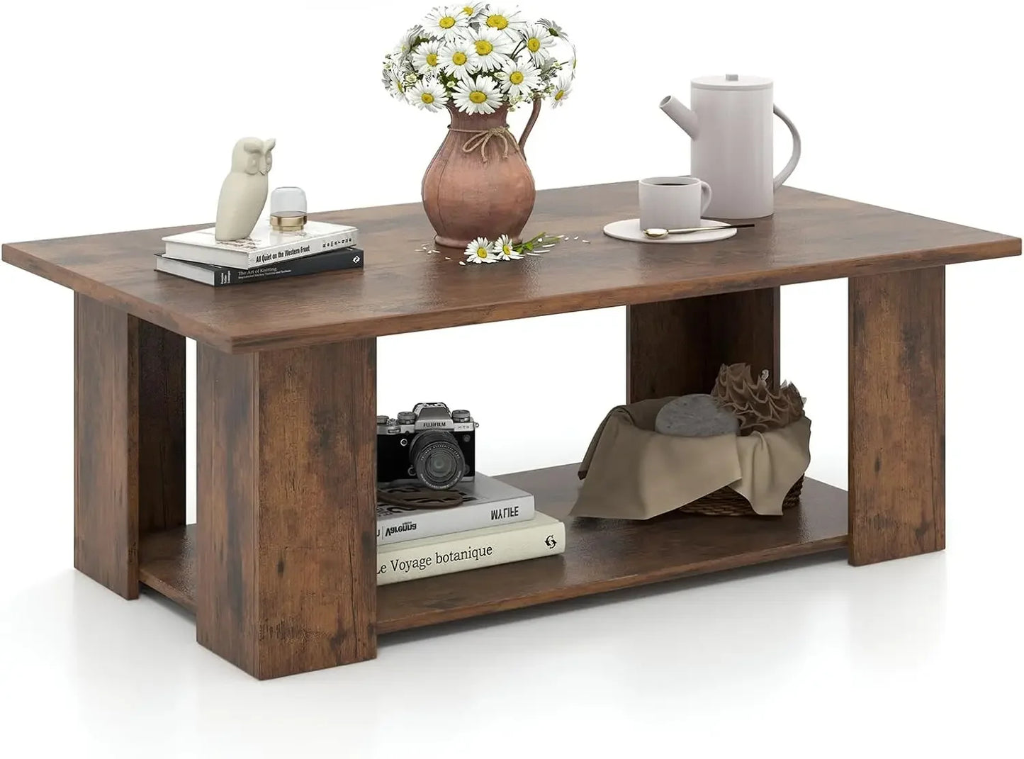 Two Tier Coffee Table Modern Rectangular Center Wooden Cocktail Table