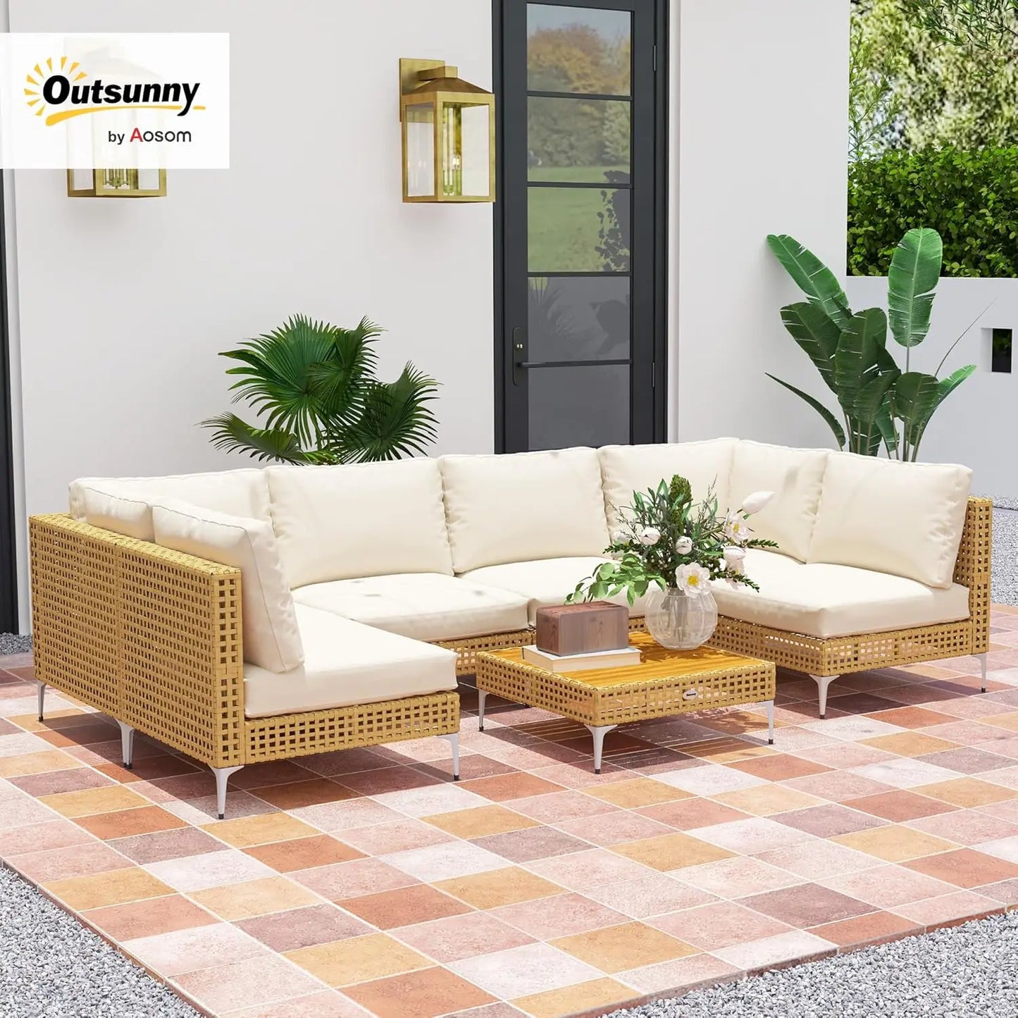 7-Piece Modular Outdoor Wicker Furniture Set with Thick Cushions and Acacia Wood Table, Khaki/Beige