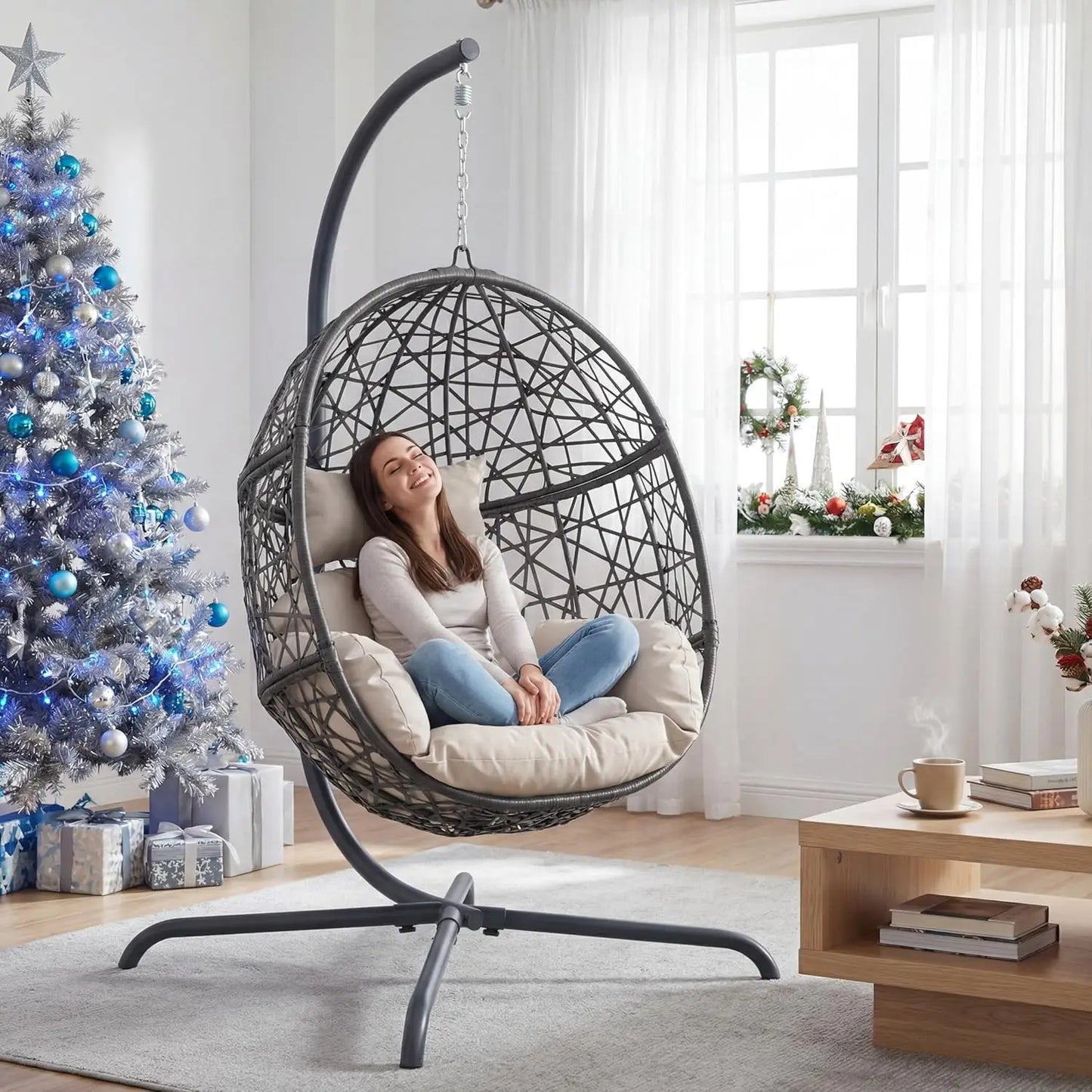 Swing Egg Chair With Stand Bird Cage Patio Hanging Cushion All Weather 350 Lbs