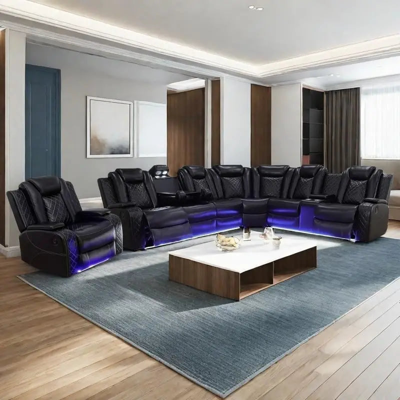 Power Recliner Sofa Sectional With LED Light Air Leather
