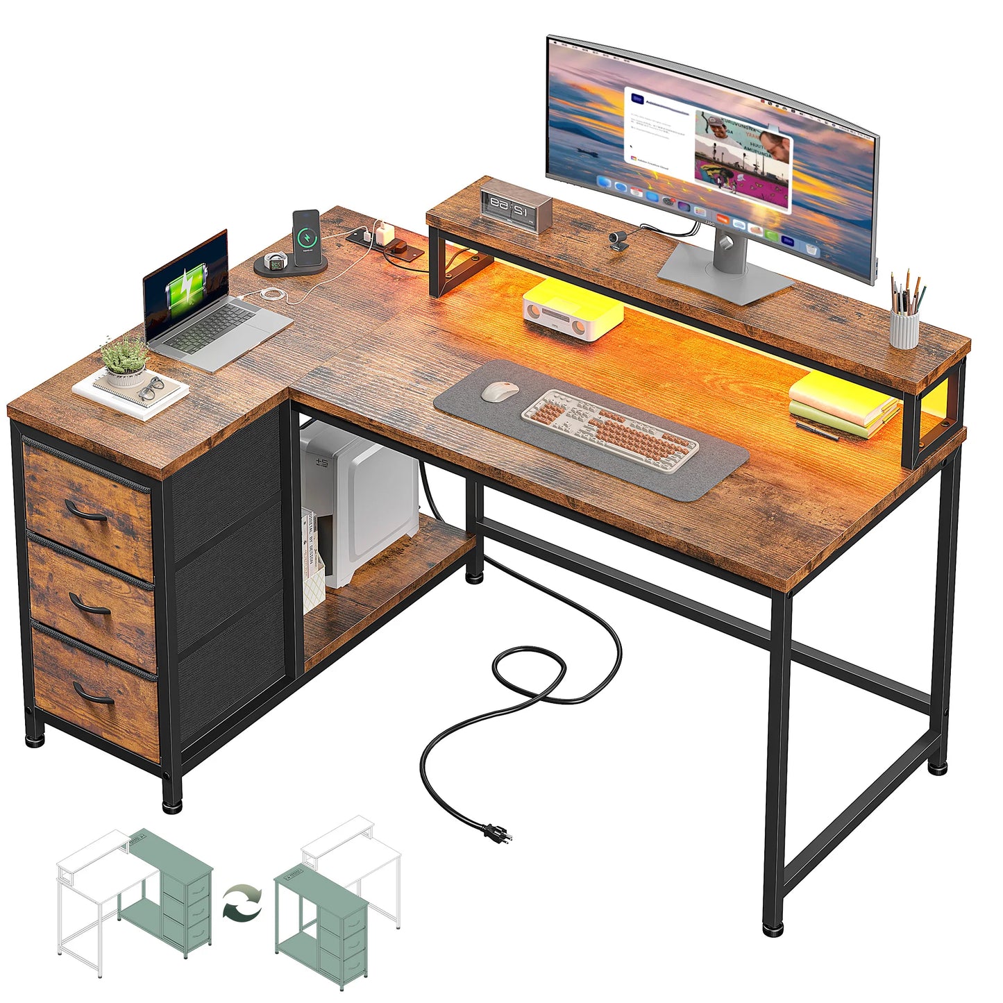EnHomee L Shaped Gaming Desk With LED Lights USB Outlet