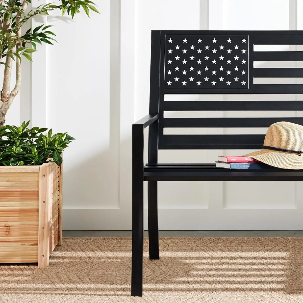 Durable Alloy Steel Outdoor Bench Featuring American Flag Design