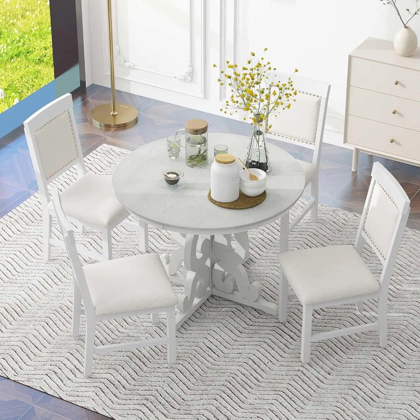 Round Dining Table Set For Four With Extendable Table Chairs